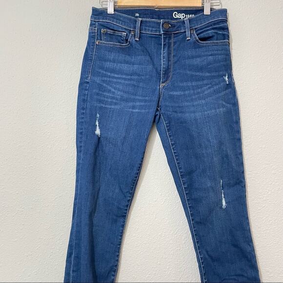 Gap Medium Wash Mid Rise Skinny Jeans 29 Lightly Distressed Raw Hem Stretch - Picture 3 of 9